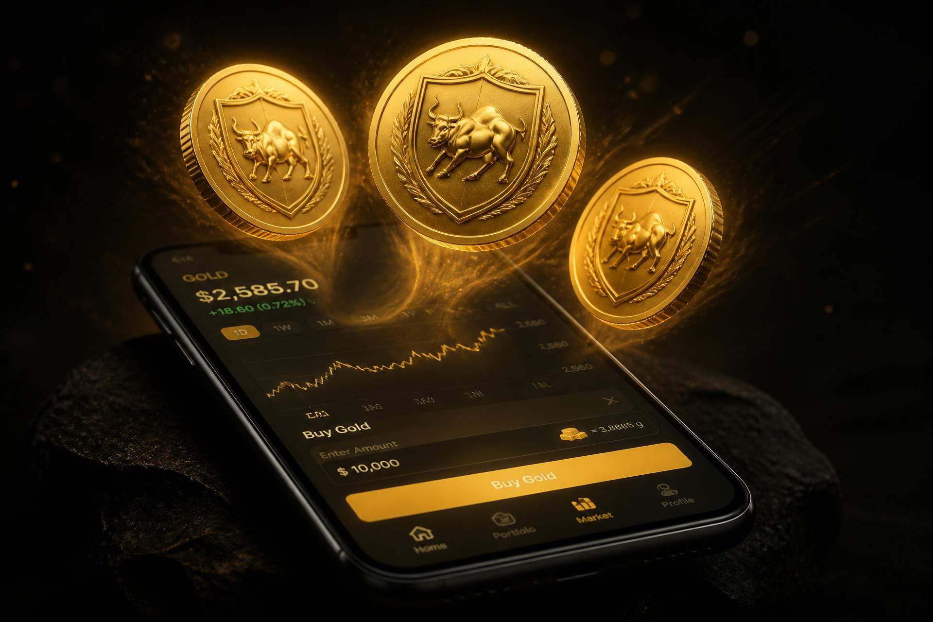 Phone with gold transaction and shielded bull coins